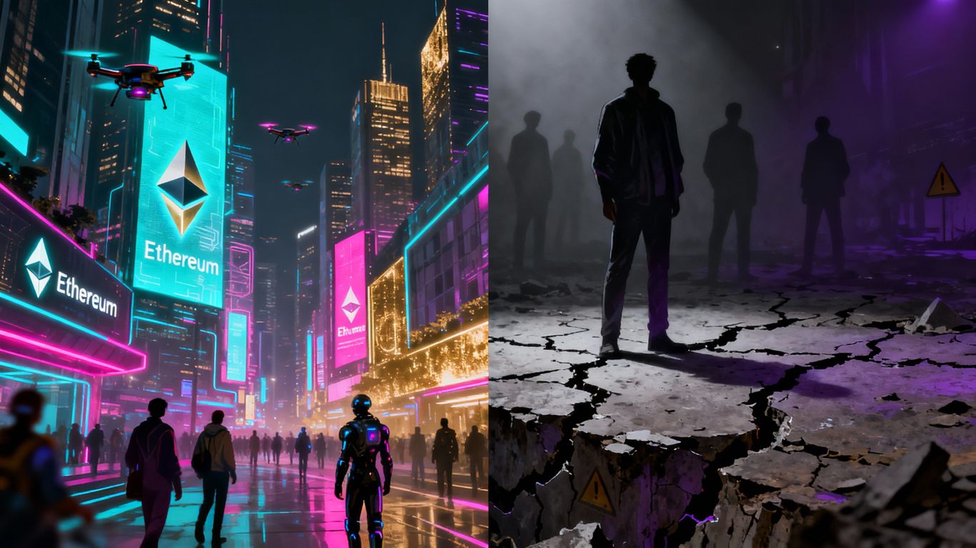 Ethereum growth and scam duality visual.