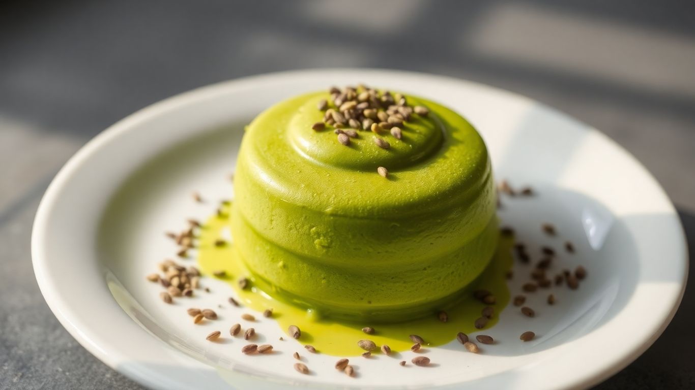Sobremesa verde de matcha com sementes de chia e linhaça.