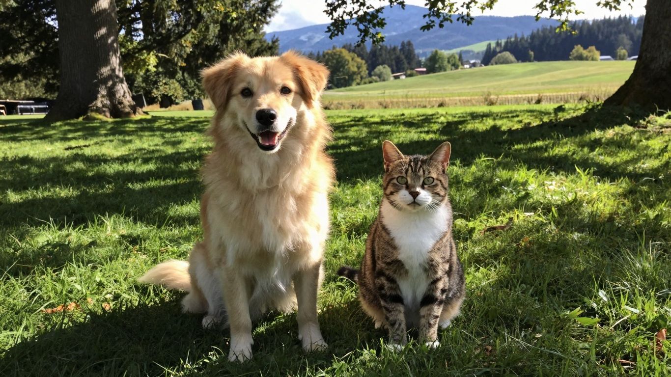 Dog and cat on a green lawn in Washington.