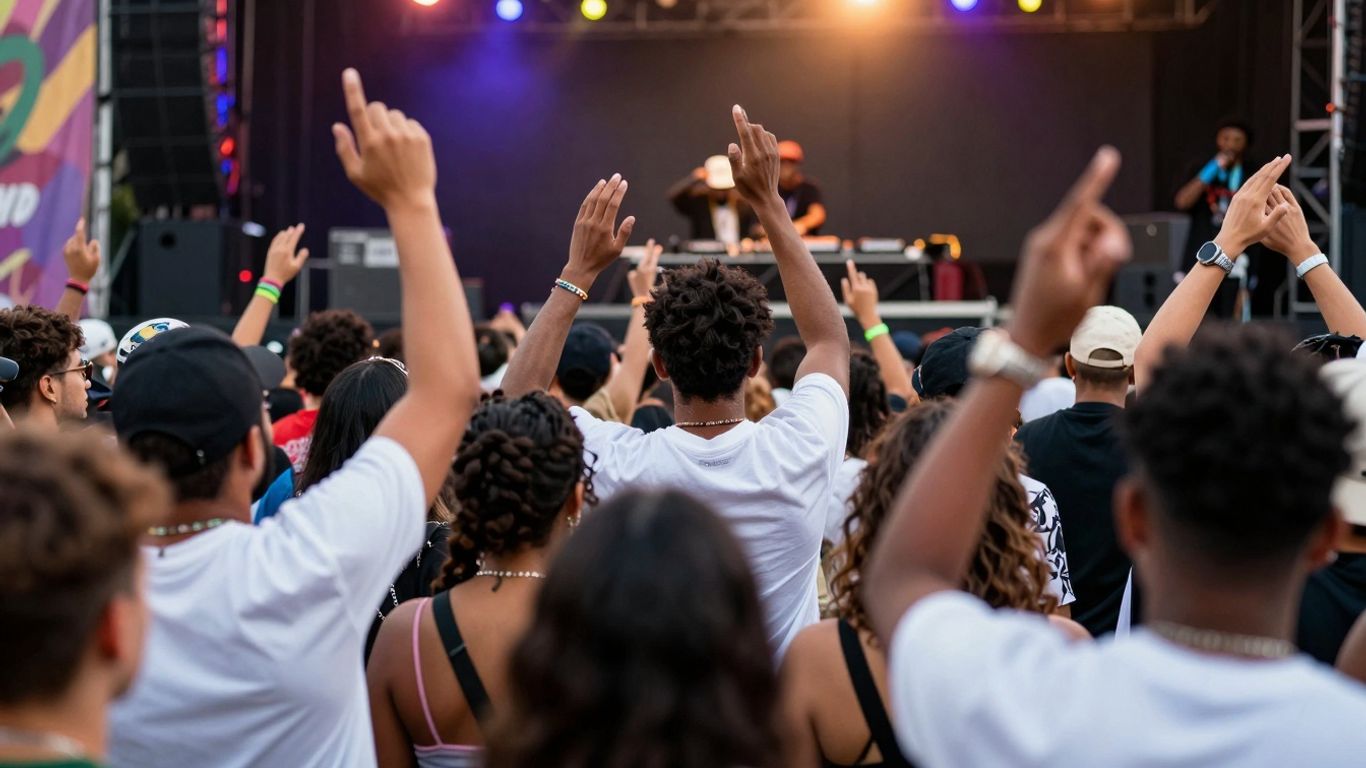 Diverse crowd enjoying a global hip-hop music festival.