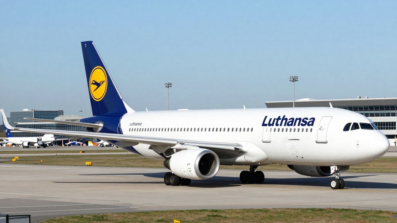 Lufthansa airplane on tarmac, airport background.