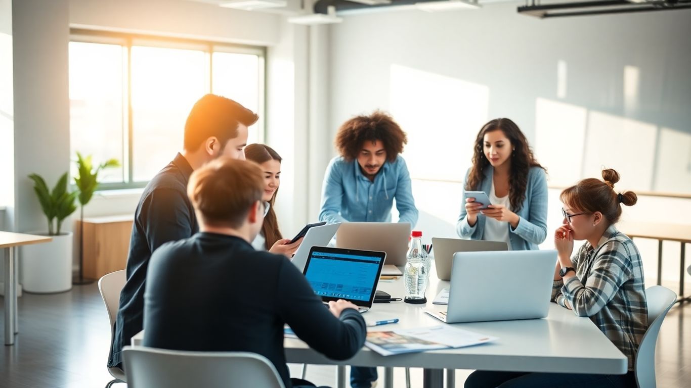 Young professionals collaborating in bright modern classroom