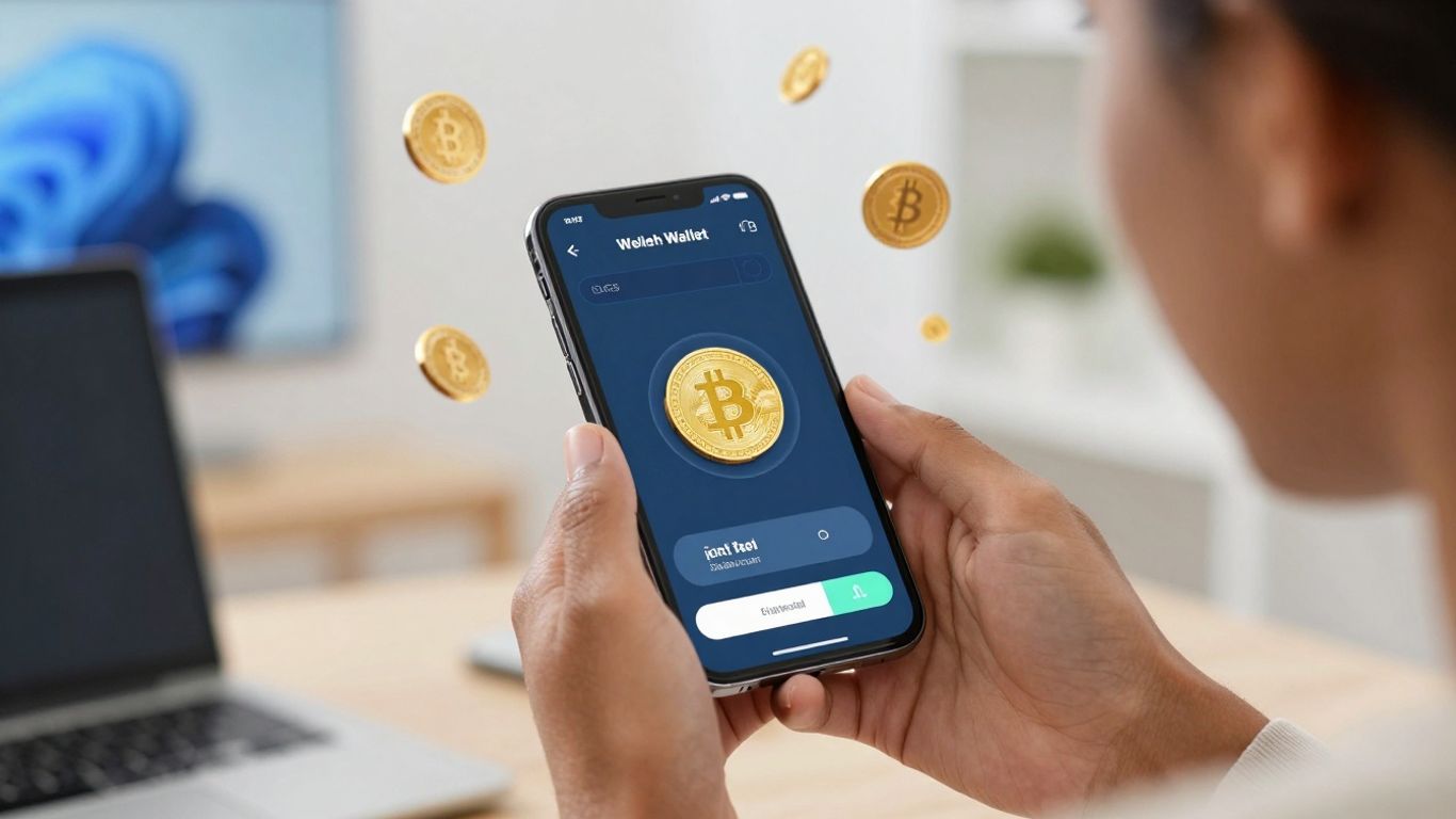 Hands holding a smartphone with a crypto wallet.