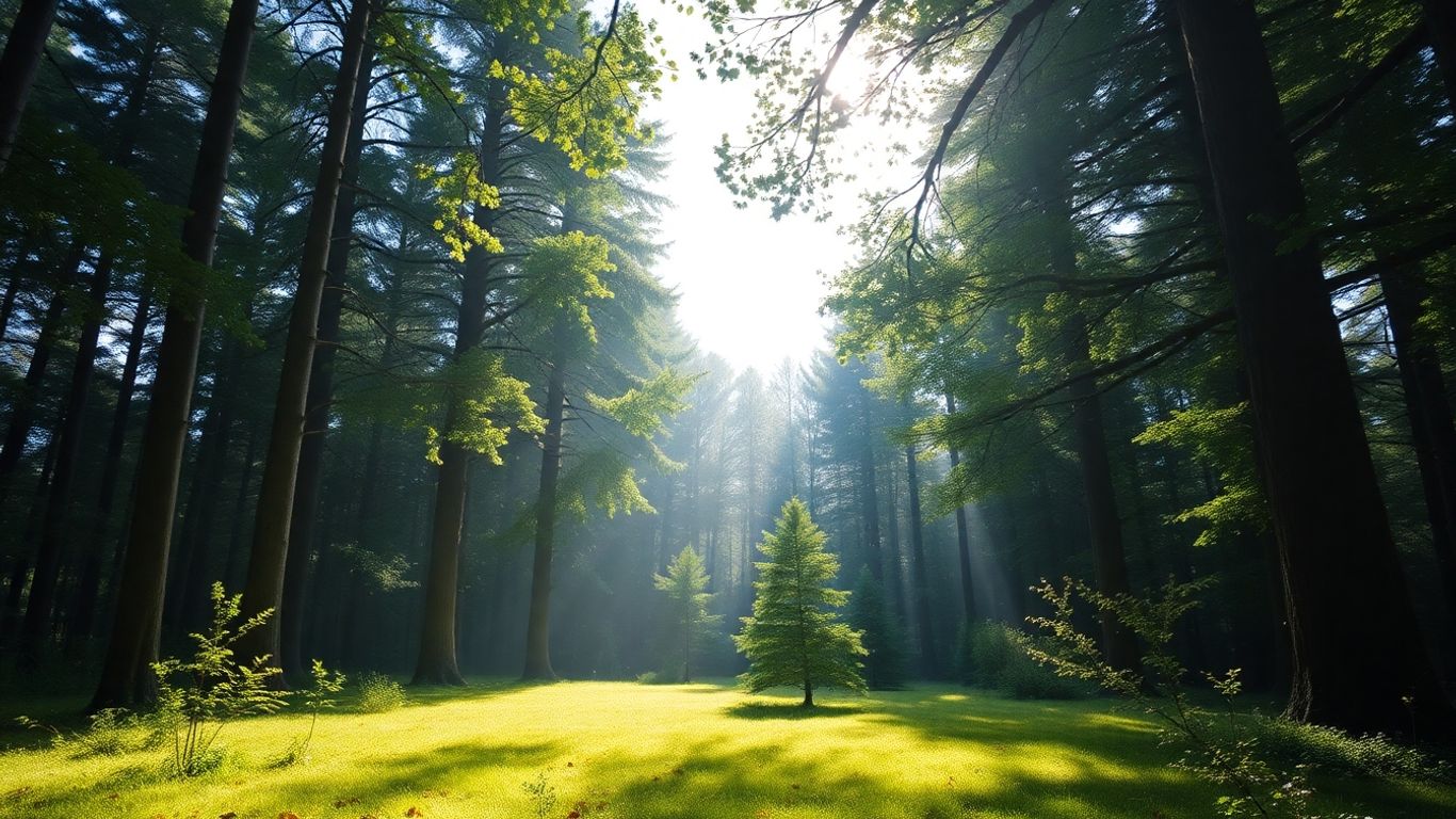 Peaceful forest clearing with sunlight filtering through trees.