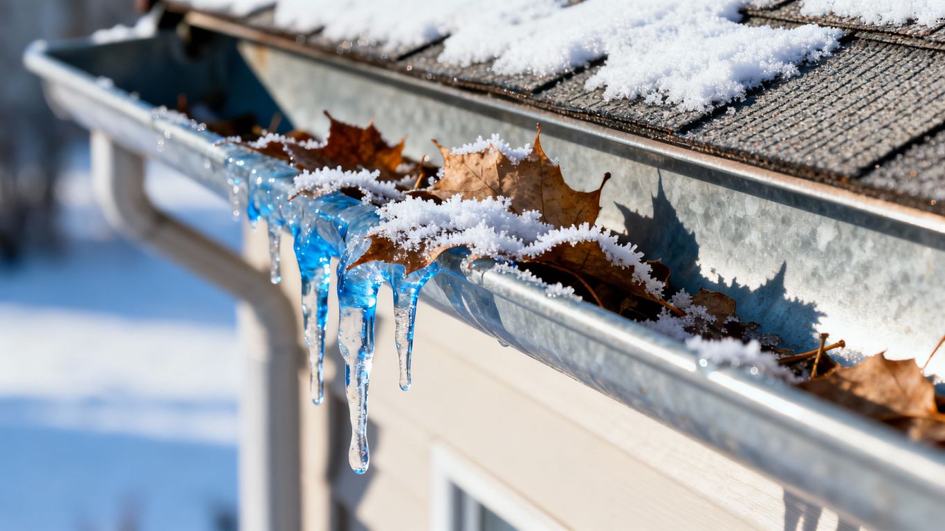 Gutter system with icicles and fallen leaves, ready for winter.