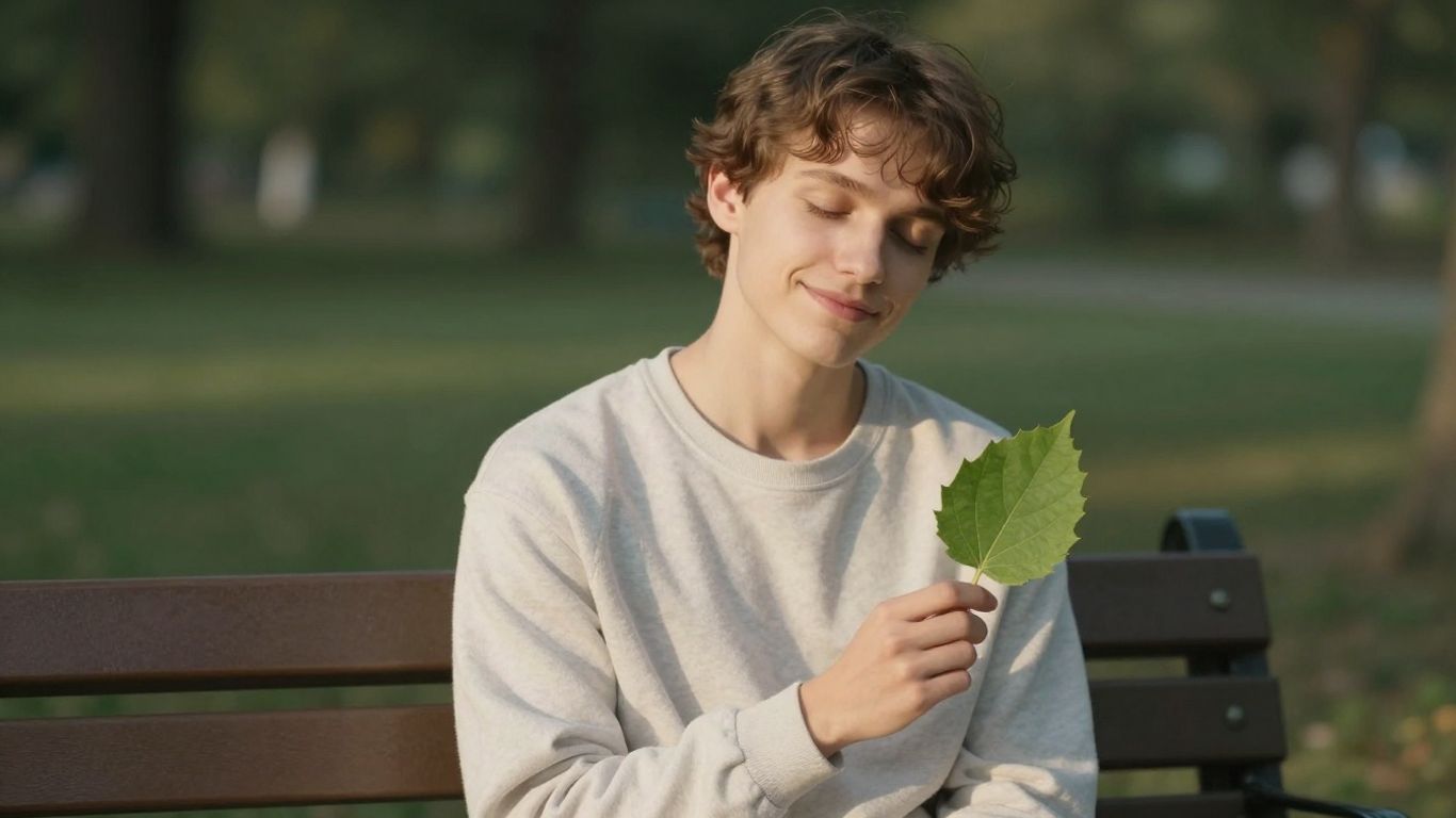 Person meditating outdoors, holding a green leaf.