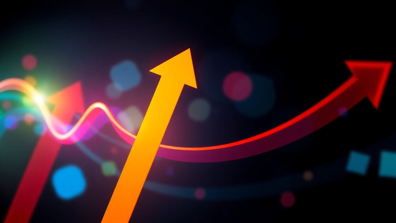 Business growth through digital campaigns. Upward arrows and glowing light trails