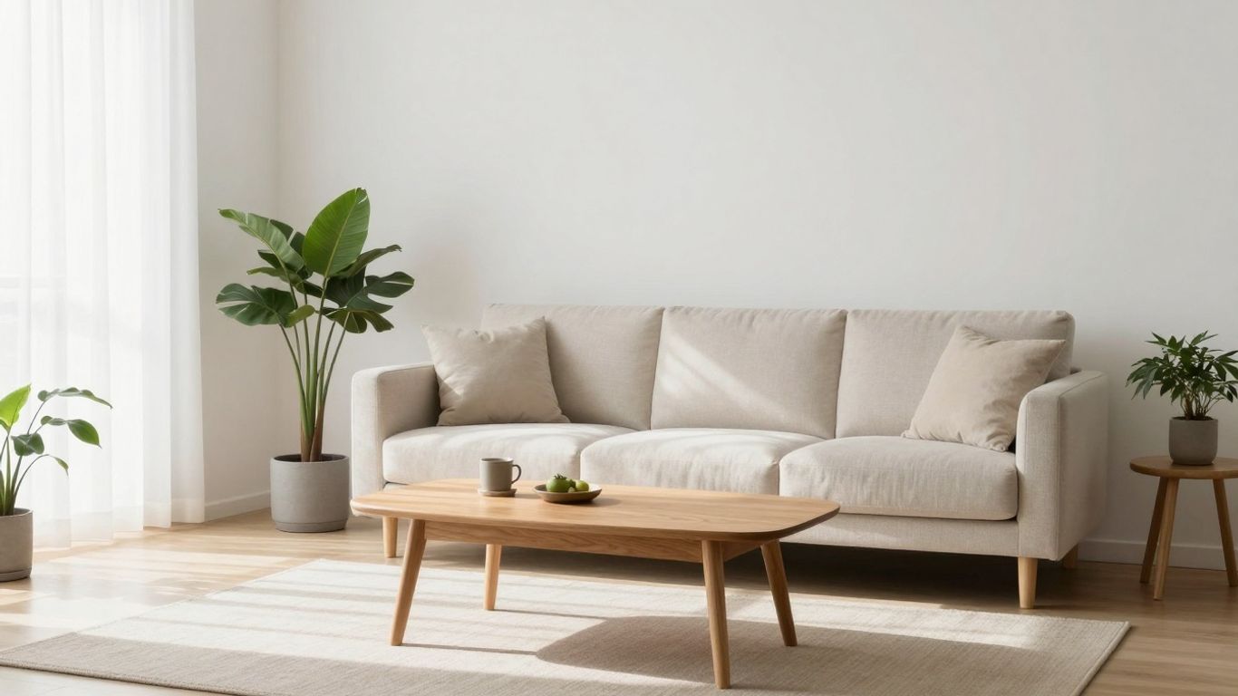Minimalistisches Wohnzimmer mit natürlichen Farben und Materialien.