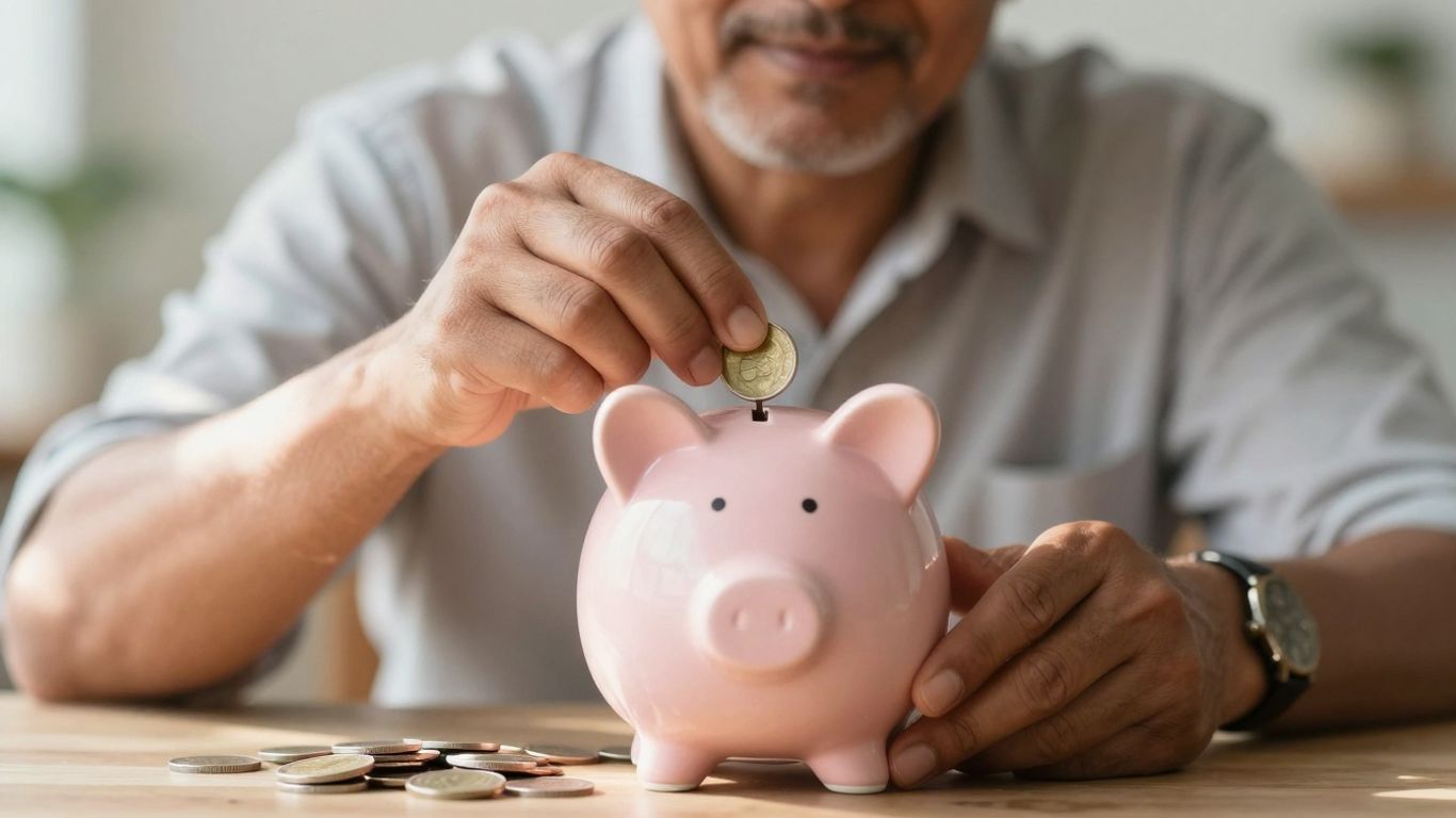 Adult economisind bani într-un porcușor de economii.