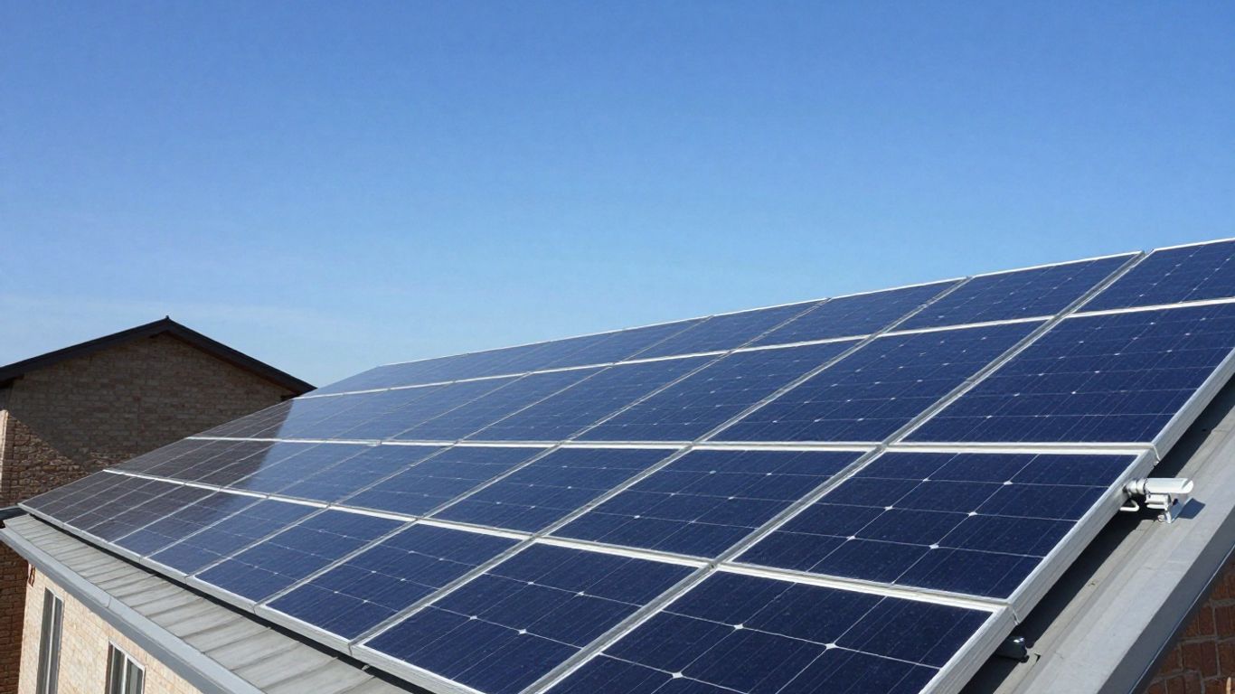 Rooftop solar panels under a bright sun.