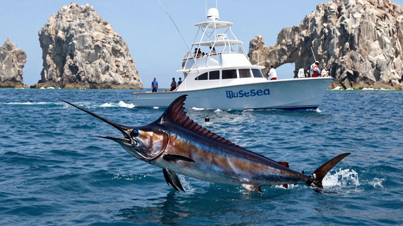 Marlin leaping from water near fishing boat in Cabo