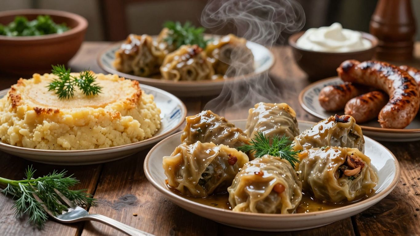 Mâncăruri tradiționale românești pe o masă rustică.