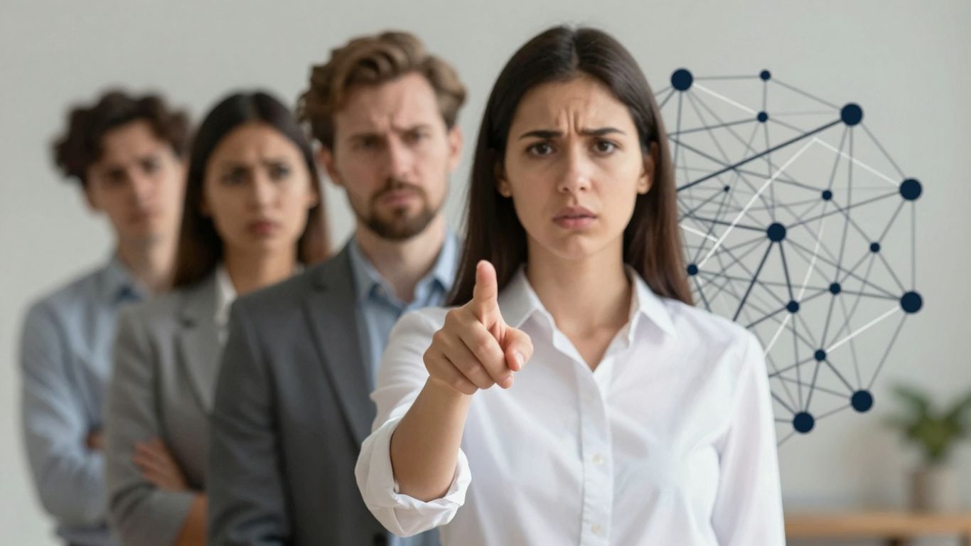 People pointing, abstract business network diagram.