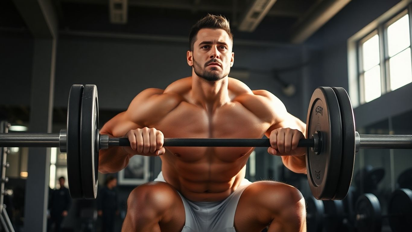 Man performing heavy barbell squats for leg gains.