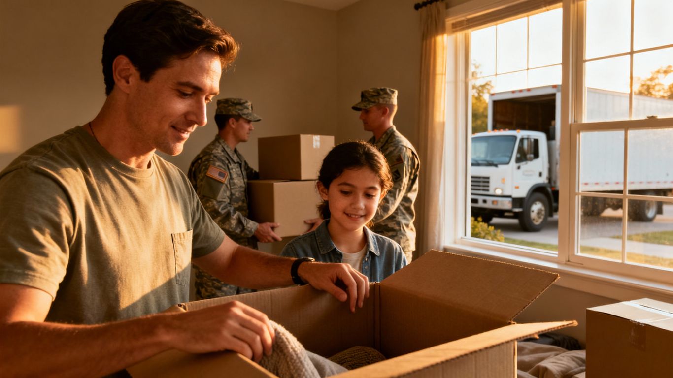 Military family packing boxes for a move.