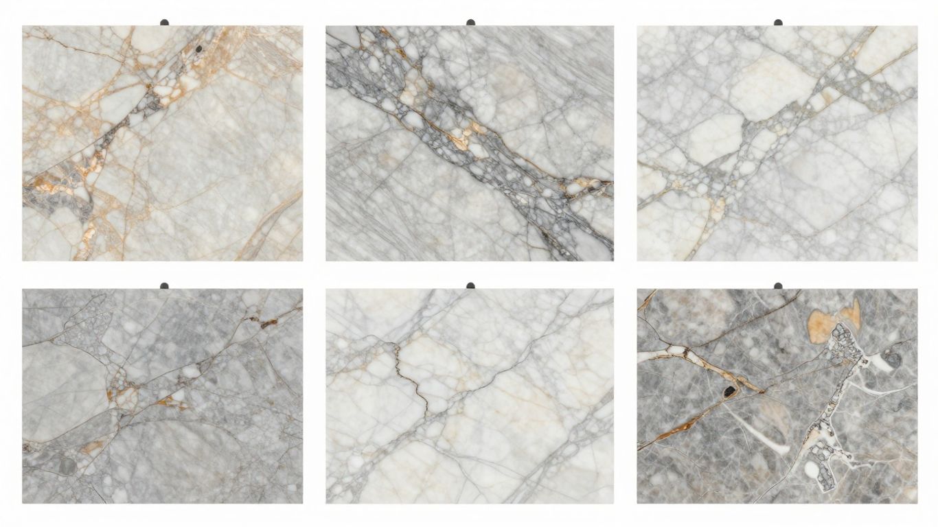 Sketch of diverse marble slabs with intricate veining patterns.