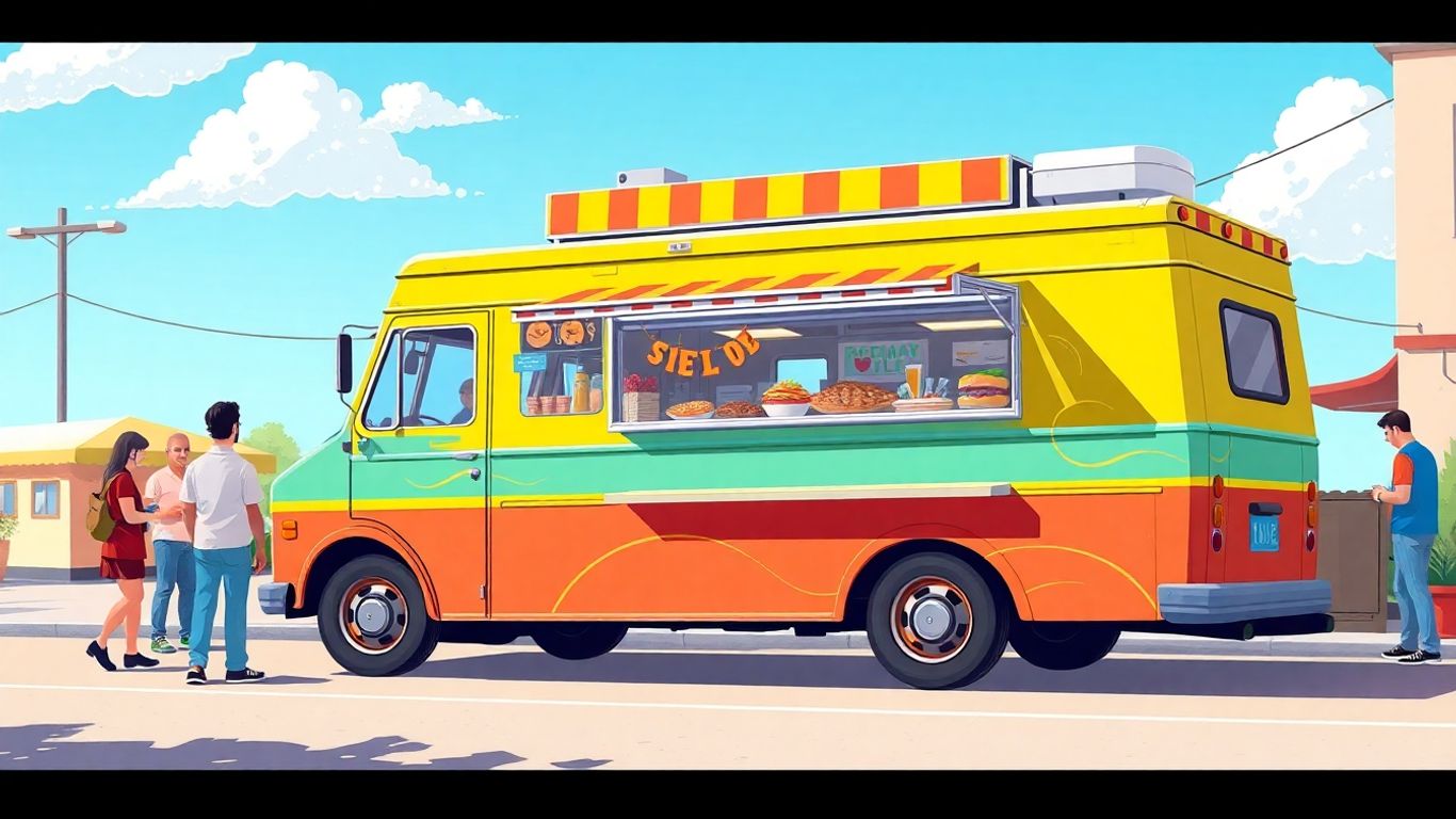 Colourful catering van serving food on a street.