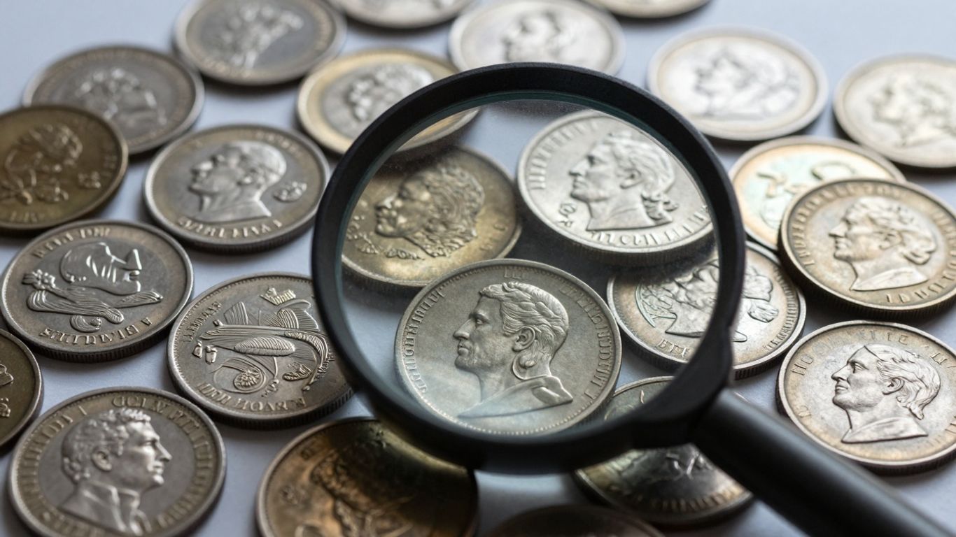 Close-up of rare coins with magnifying glass