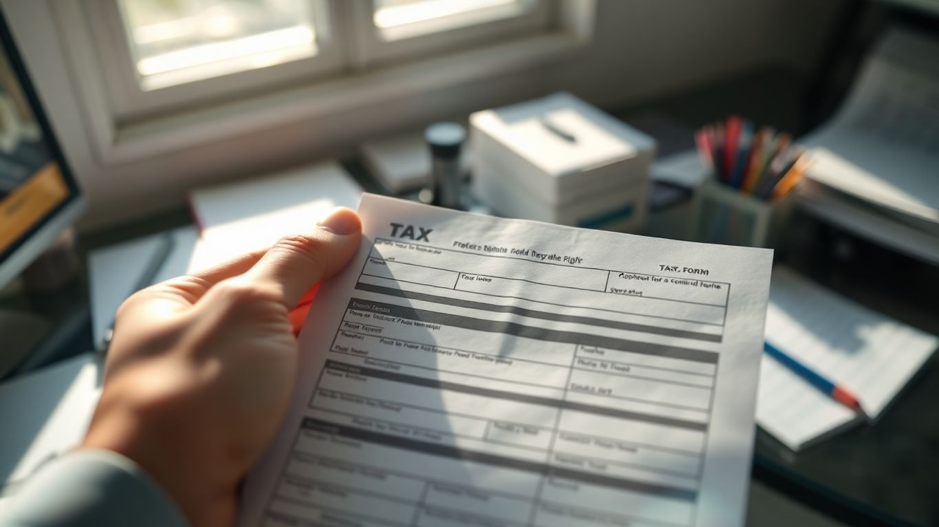 Mão segurando formulário de imposto de renda.