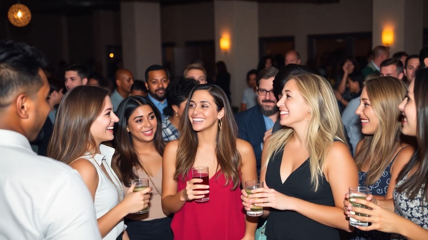 People socializing and smiling at a singles event.