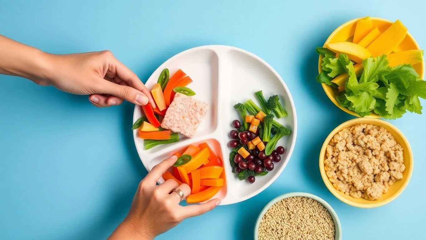 Plate with healthy food portions and a hand adding food.