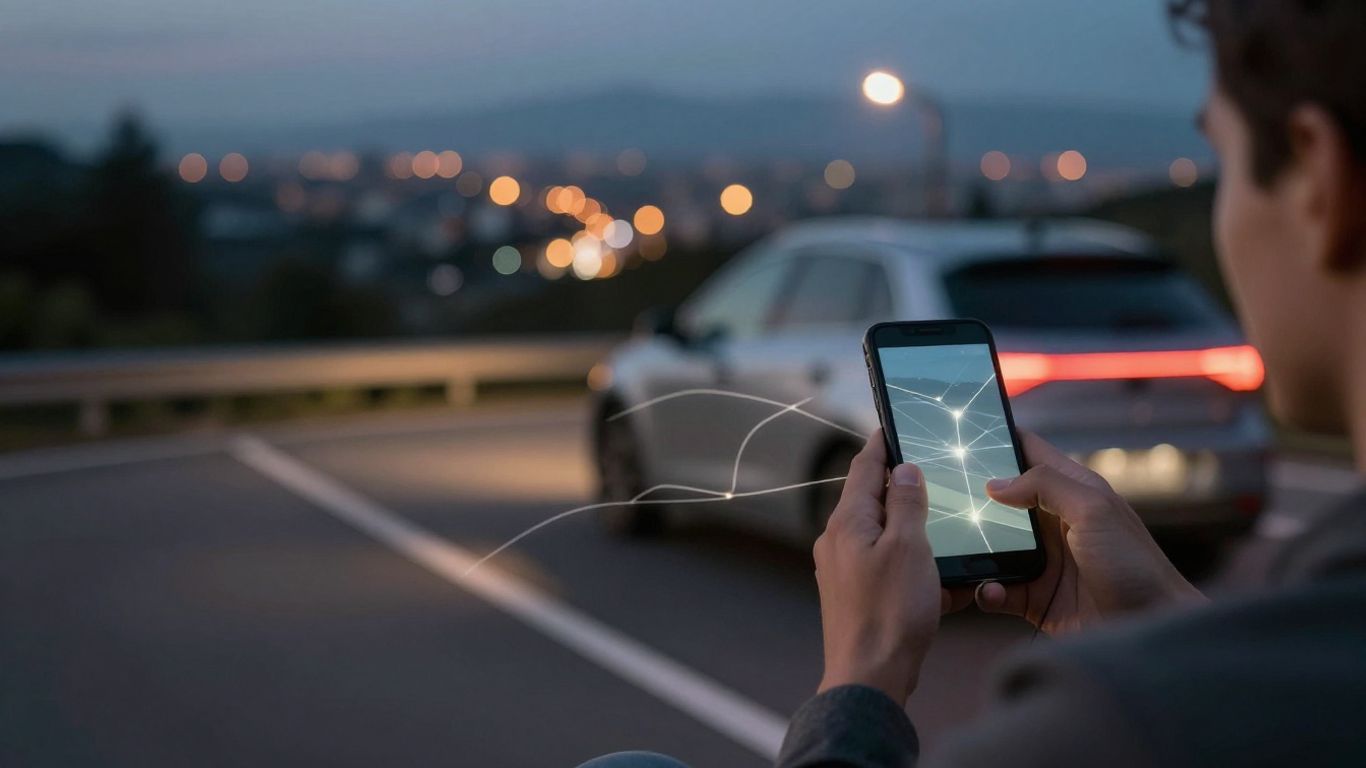 Car driving on road with phone connection