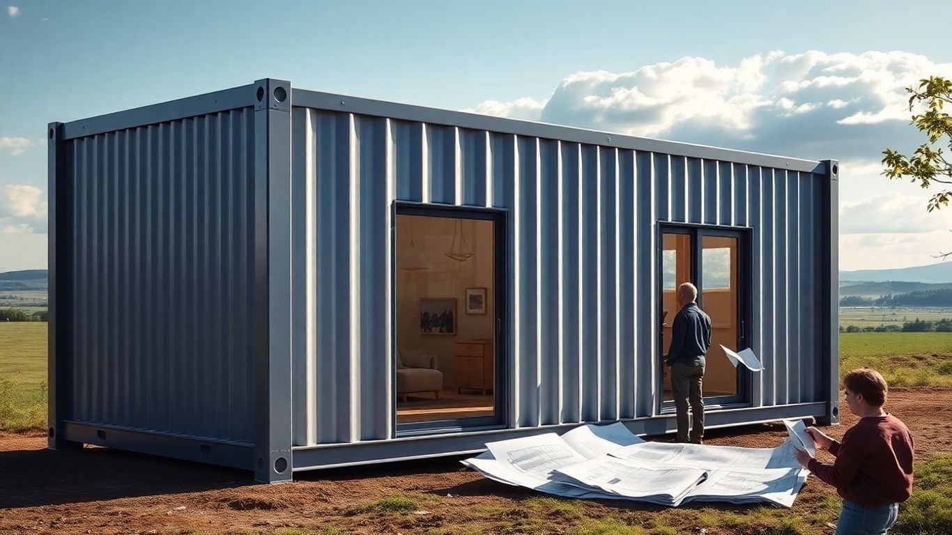 Casă container modernă în peisaj românesc, construcție.