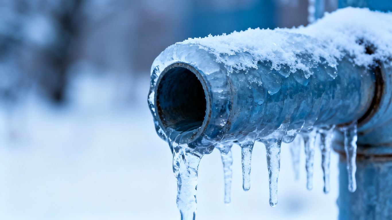 Frozen water pipe with icicles in winter.