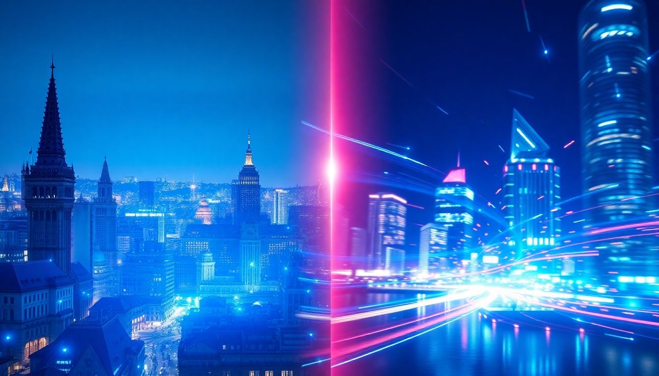 Europe and US cityscapes with contrasting AI digital streams.