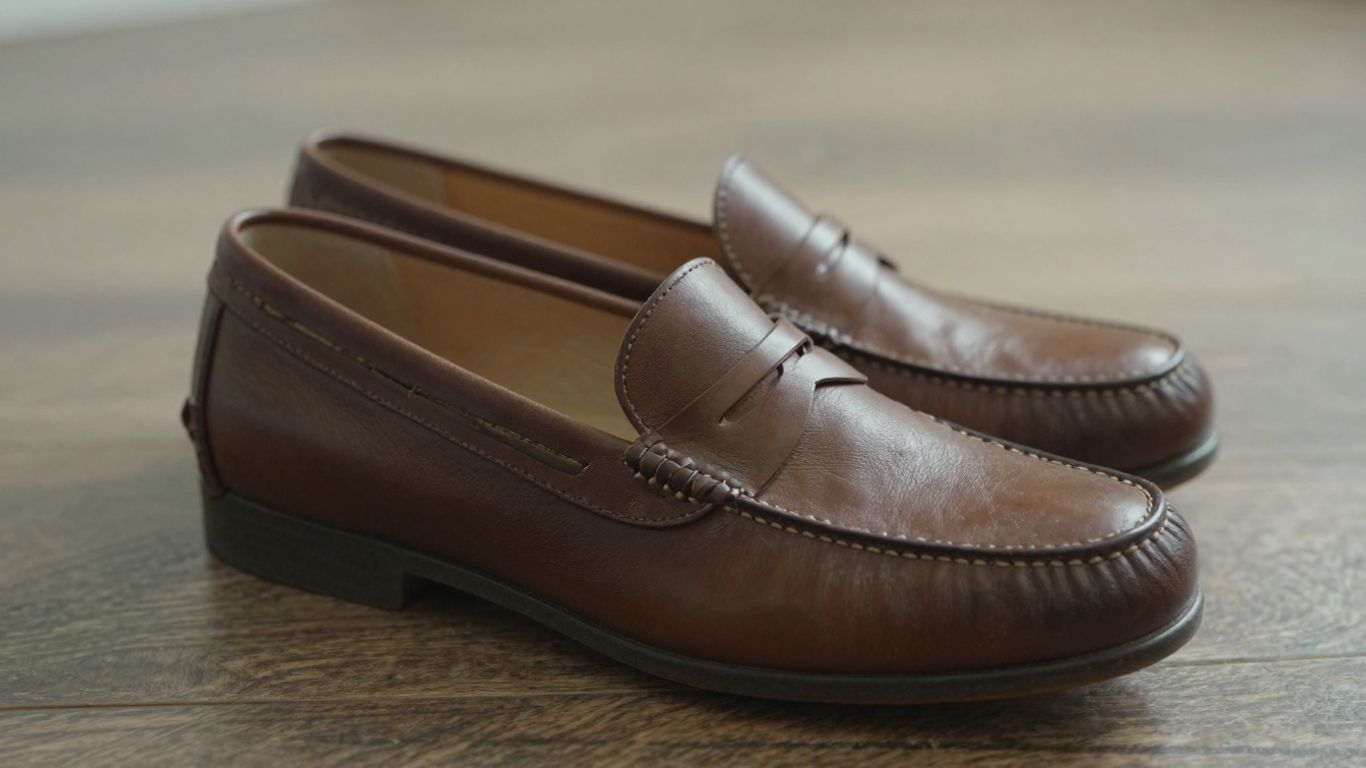 Brown penny loafers on a wooden floor.