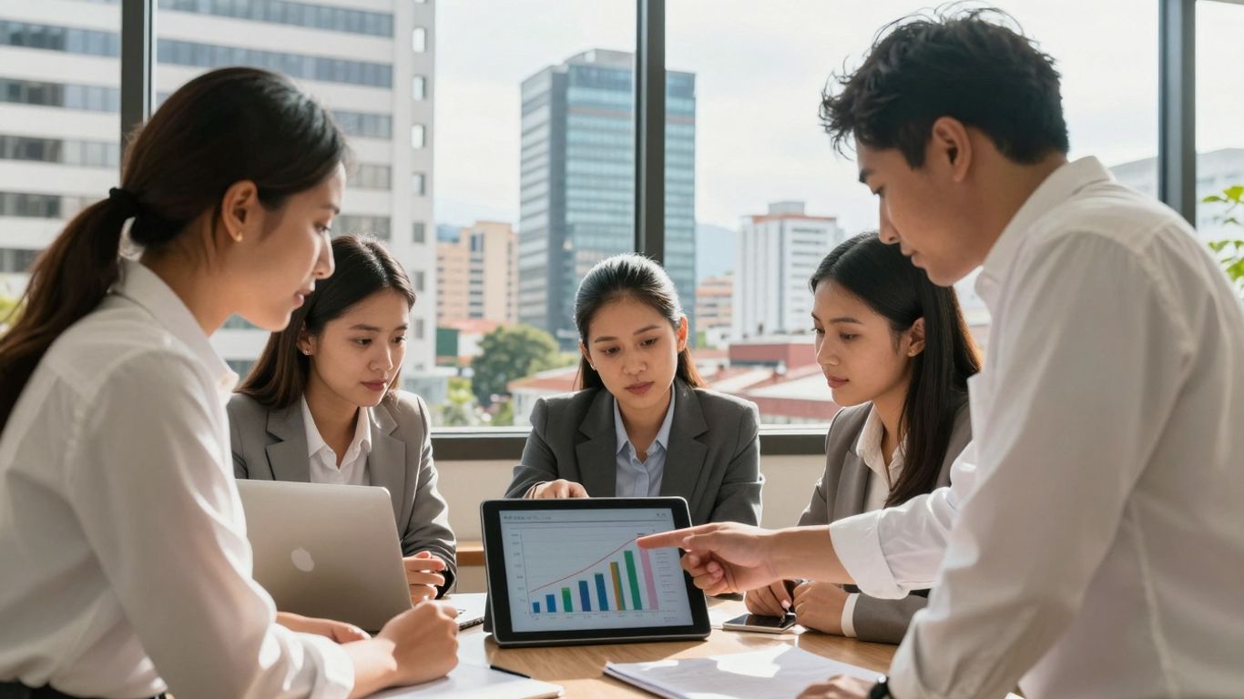 Business professionals collaborating in a modern office in Colombia.