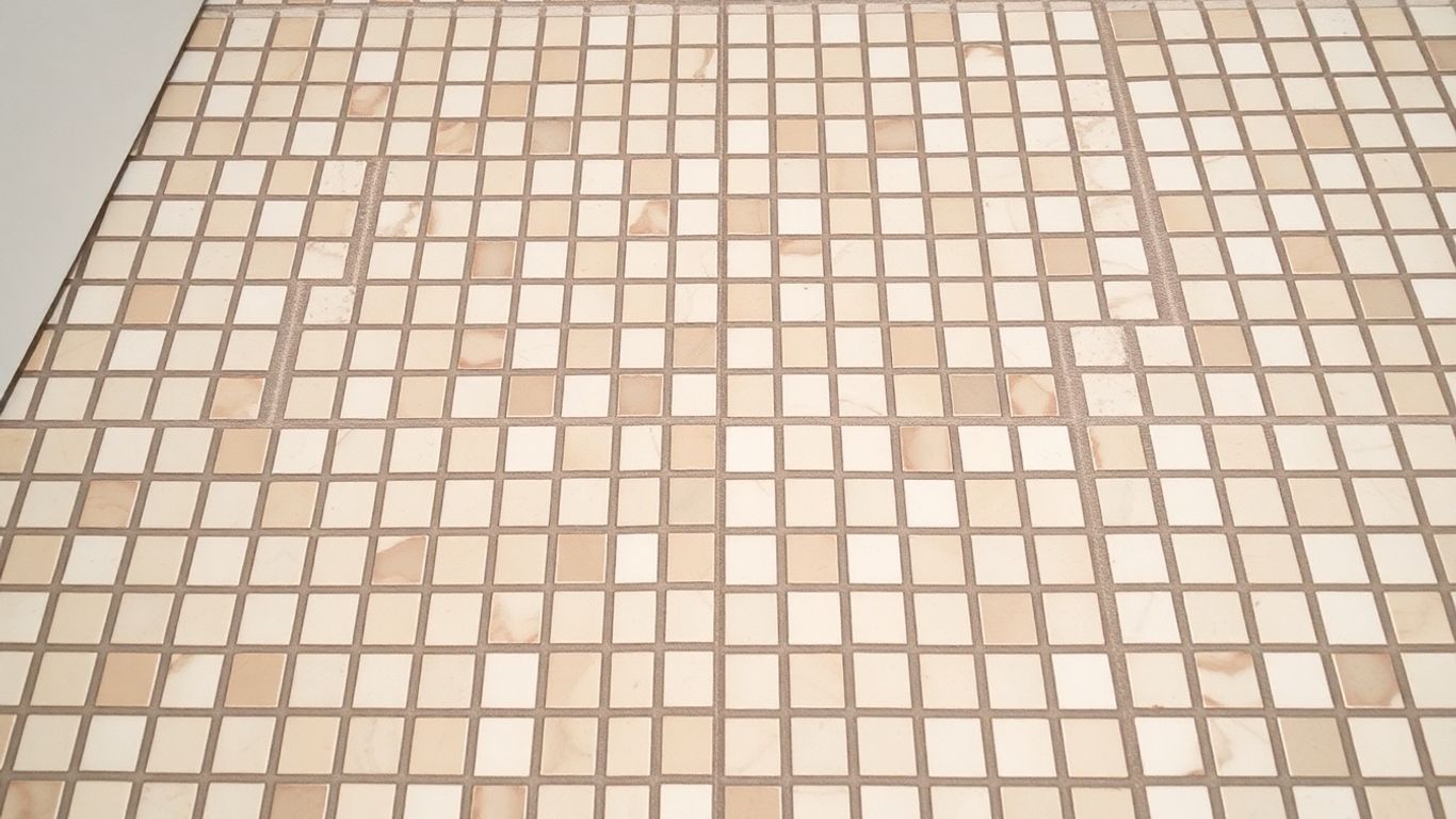 Herringbone mosaic tile pattern on a bathroom floor.