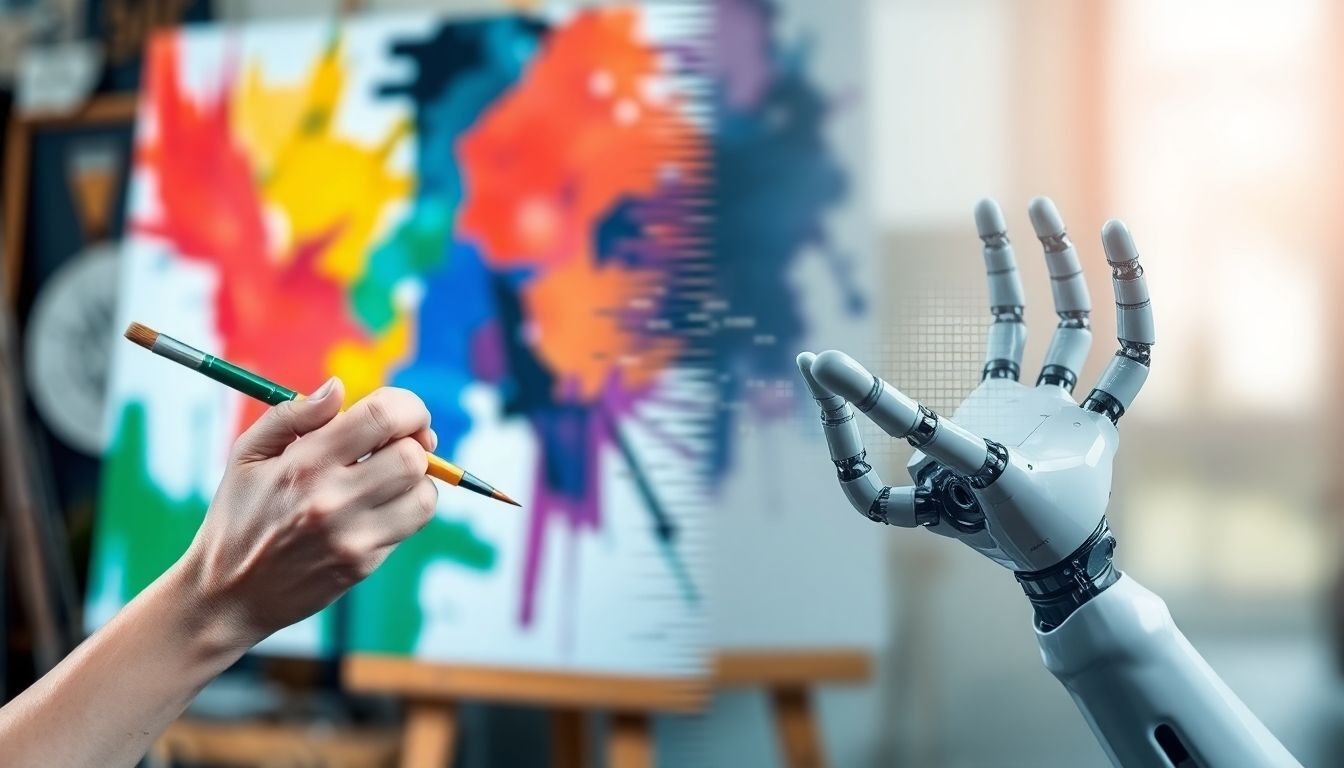 Human artist and robot hand creating art, questioning AI's role.