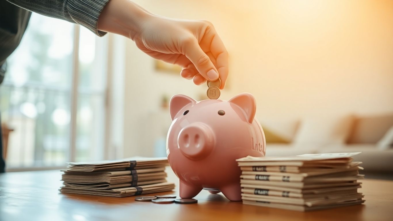 Person saving money in a piggy bank.