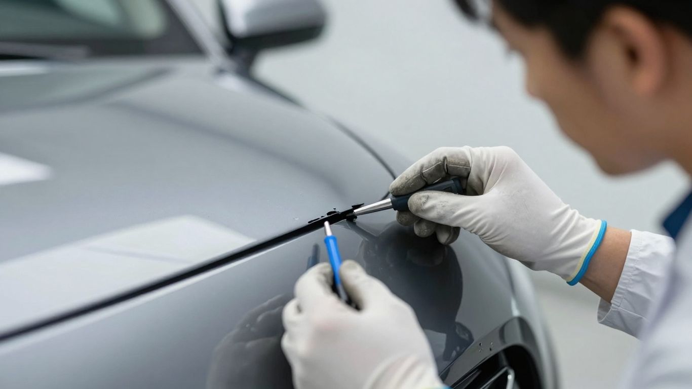 Gutachter prüft Autolack auf Schäden.