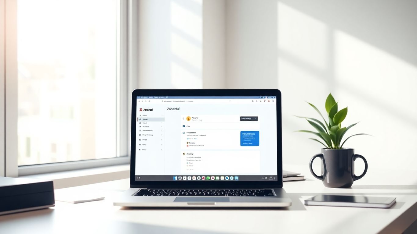 Zoho Mail pricing plans overview on a laptop screen.