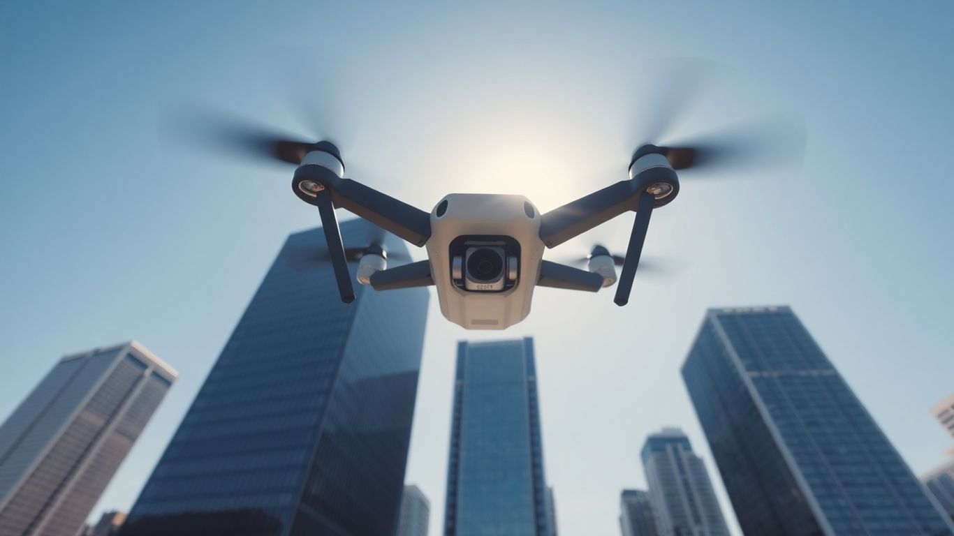Drone capturing cityscape from above.