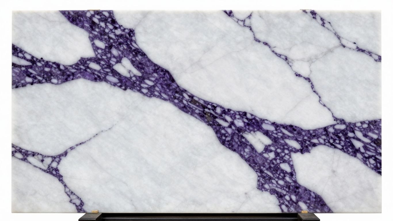Calacatta Viola Imperiale marble slab with purple veins.