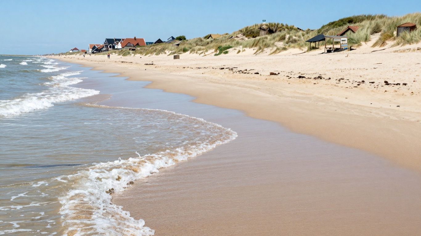 Golven op het strand van Castricum met duinen op de achtergrond.