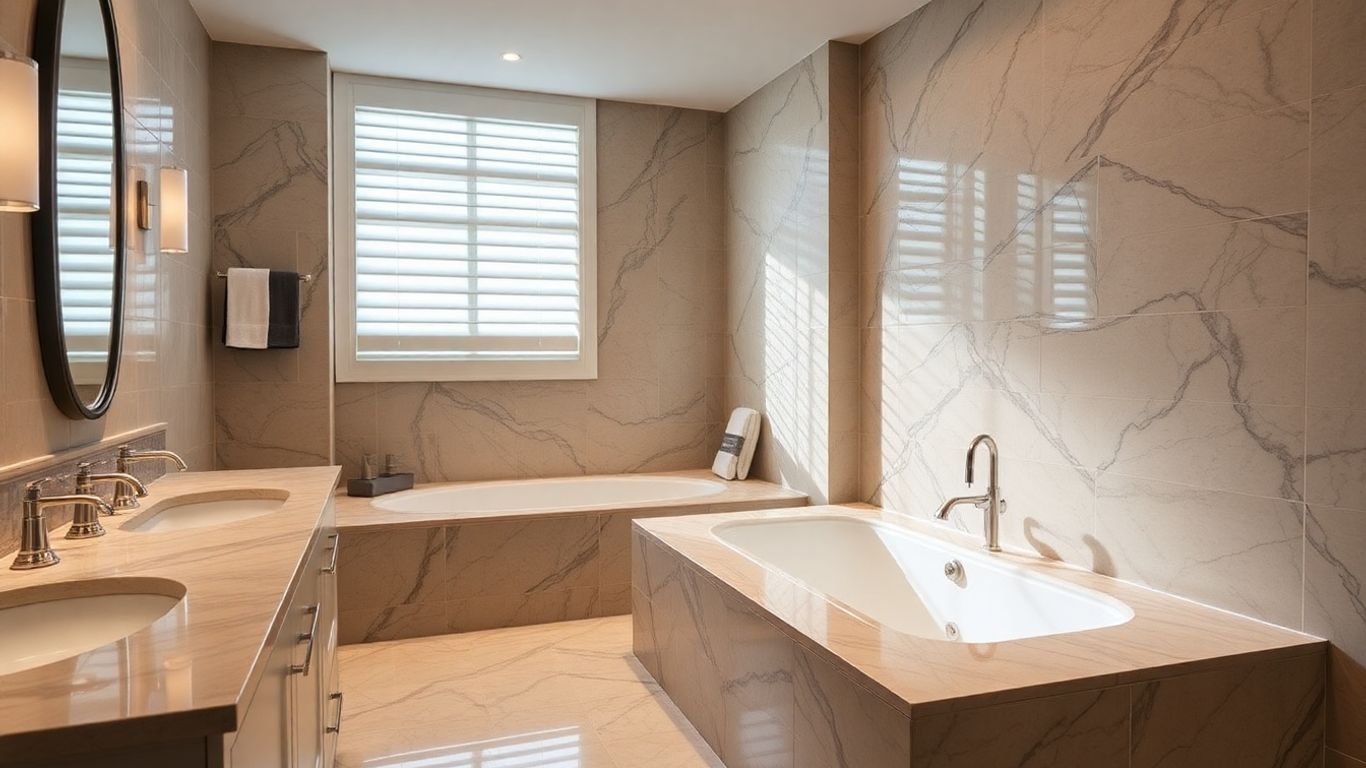 Luxurious bathroom with soaking tub and elegant tile.