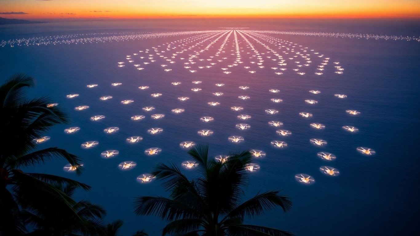 Drones create wedding shapes over Bali ocean.