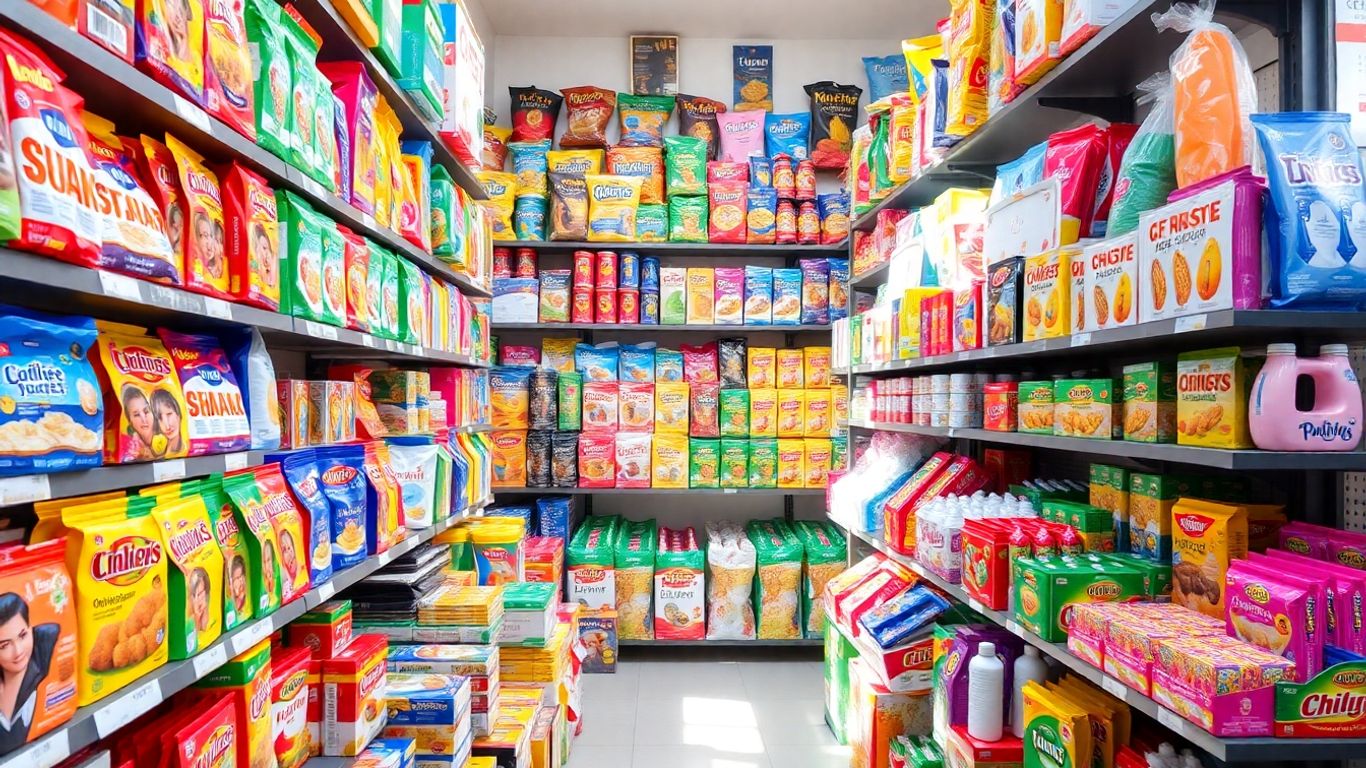 Allée d'un magasin Action Belgique avec des produits colorés sur les étagères.