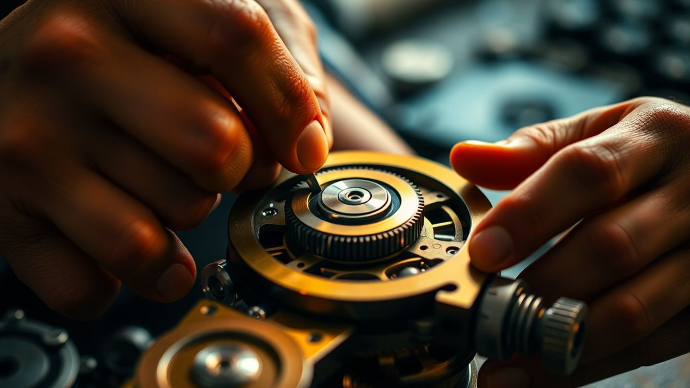 Hands crafting intricate mechanical gears with precision tools.