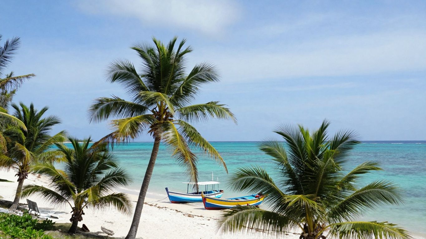 Tropical beach with palm trees and turquoise water in Roatán.