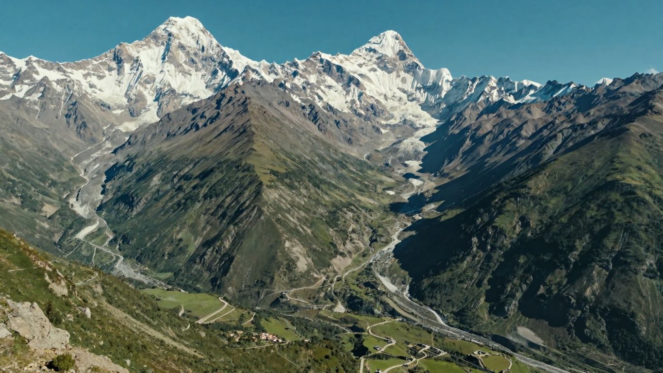 Annapurna mountain range with trekking trails below.