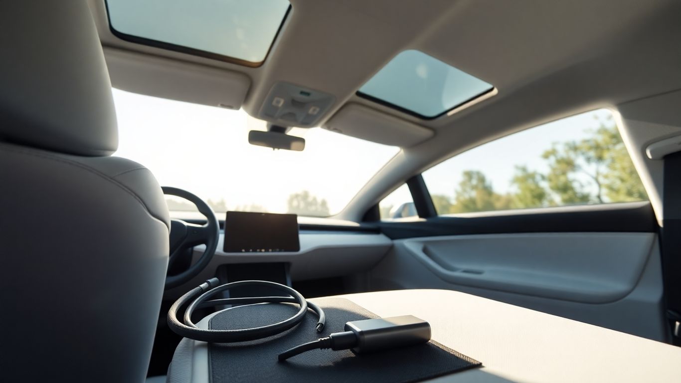 Tesla interior with charging cable and mobile connector.