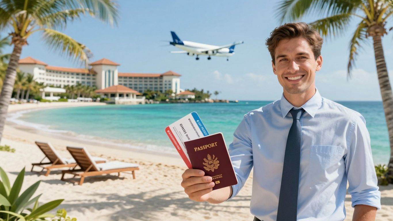Travel agent with passport and boarding pass on a beach.