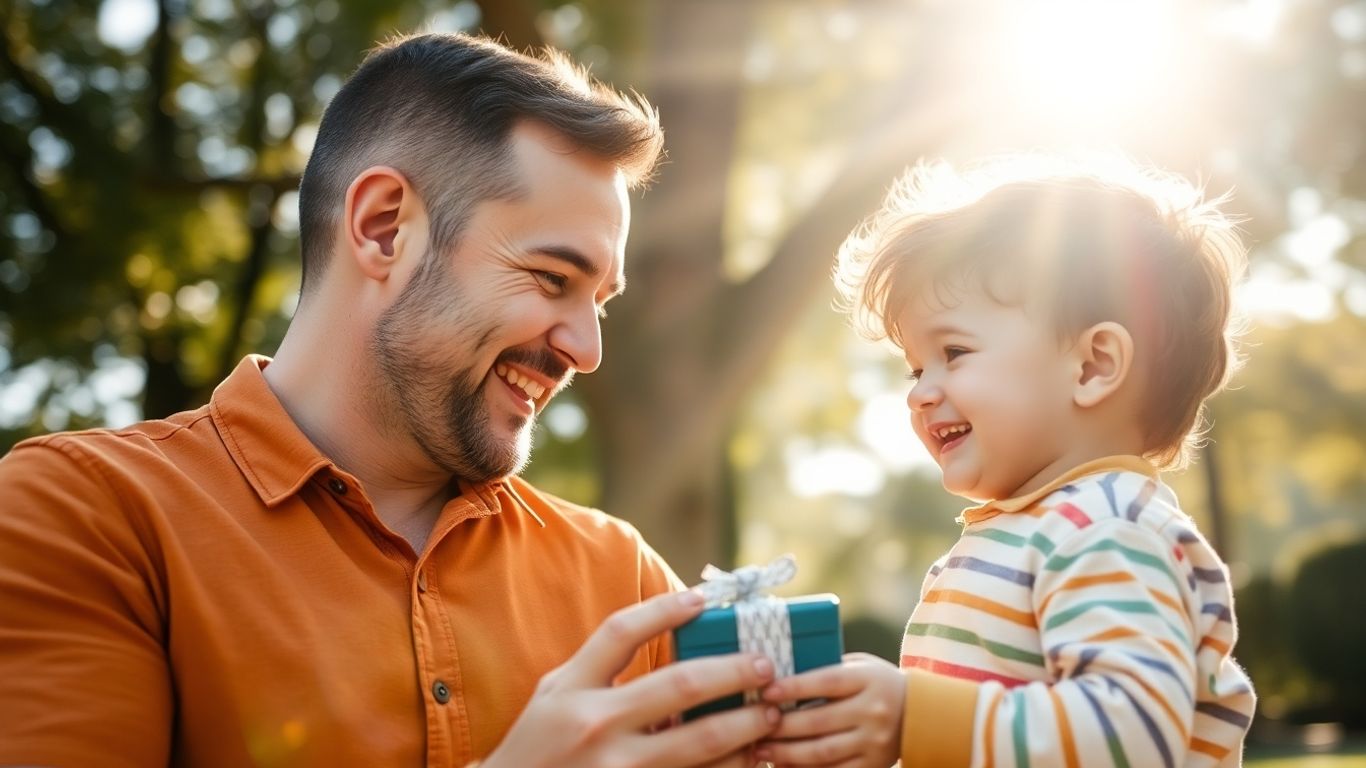 Pai e filho celebrando o Dia dos Pais com um presente.