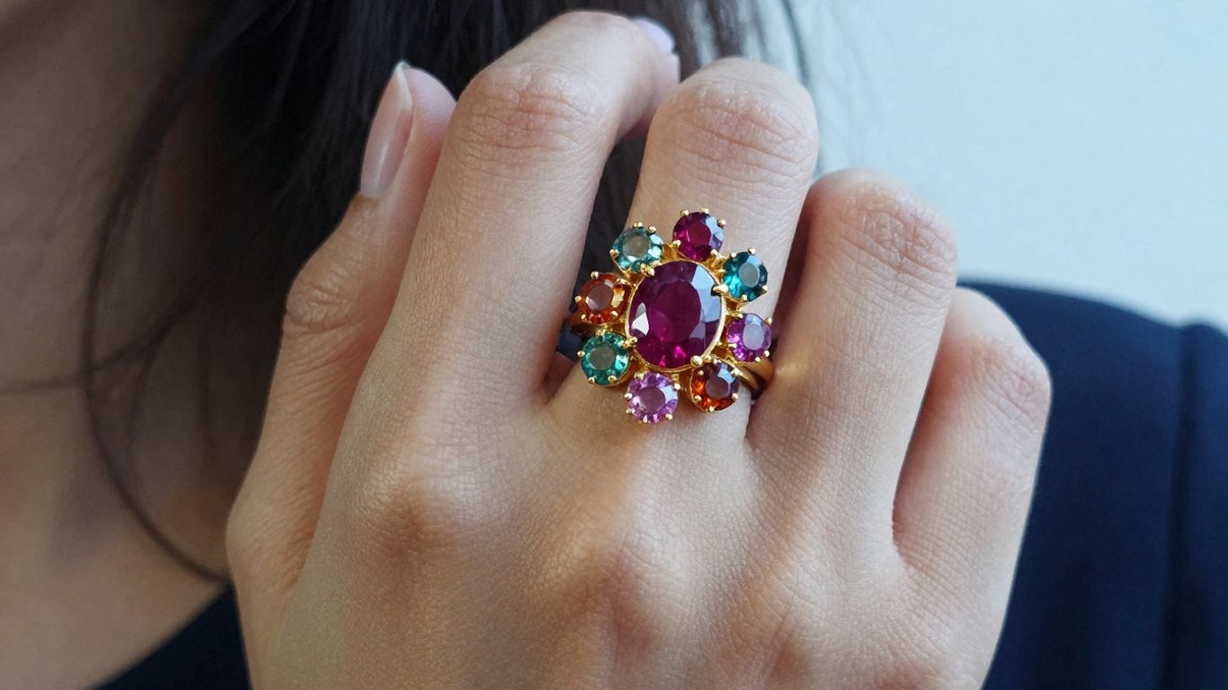 Intricate Navaratna ring with nine colorful gemstones on a woman's hand.