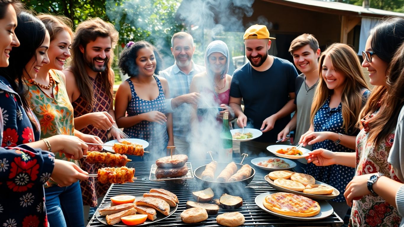 People enjoying a global barbecue feast outdoors.